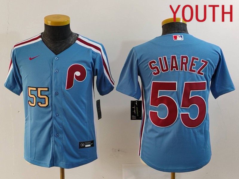 Youth Philadelphia Phillies #55 Suarez Blue Throwback 2024 Nike MLB Jersey style 2->youth mlb jersey->Youth Jersey